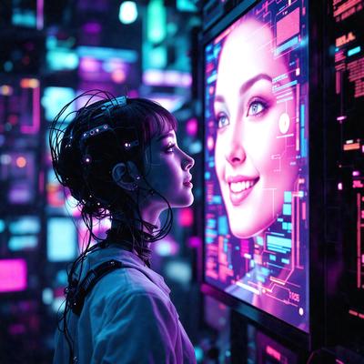 The primary subject of the image is a woman wearing a white coat, standing in front of a large screen. The setting appears to be a futuristic environment, possibly a museum or an art gallery. The visual style of the image is a combination of digital art and illustration, creating a unique and captivating atmosphere. The colors and mood of the image are predominantly pink and purple, giving the scene a sense of warmth and creativity.